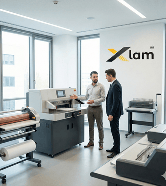 Copytron team with print finishing equipment