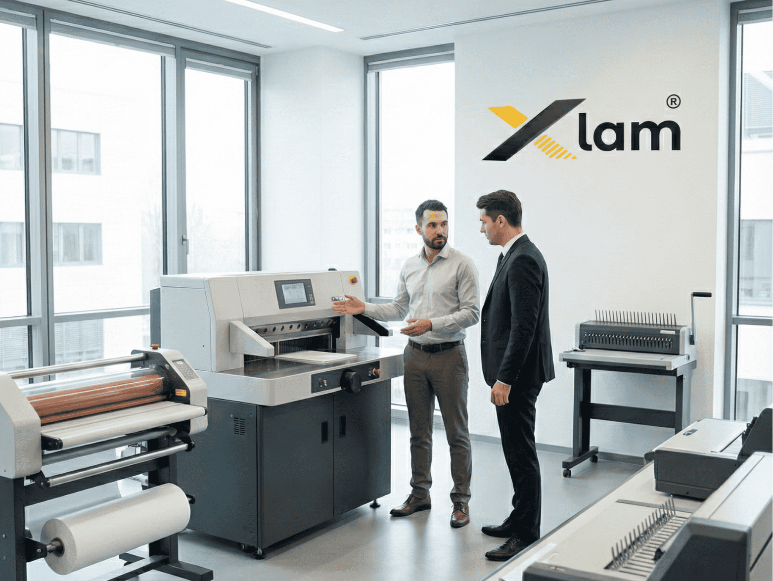 Copytron team demonstrating XLAM office automation equipment to clients