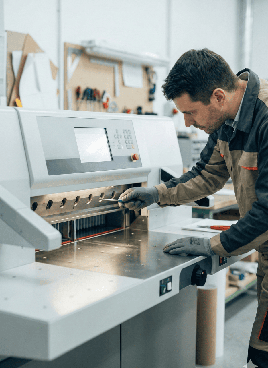 Copytron technician operating industrial paper cutting machine – precision engineering